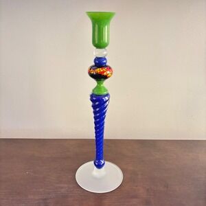 Casafina Art Glass Candlestick Holder Blue Green Multi Color Romania Signed 13in